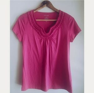 Ruffled Neckline Short Sleeve T Shirt Blouse Top